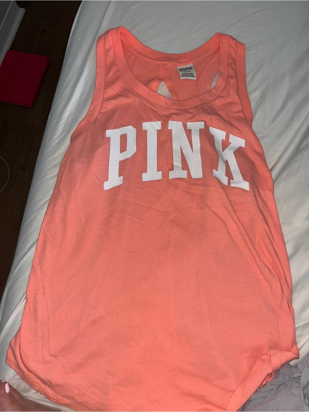 PINK Victoria's Secret Coral Racerback Tank with White Logo Sz M